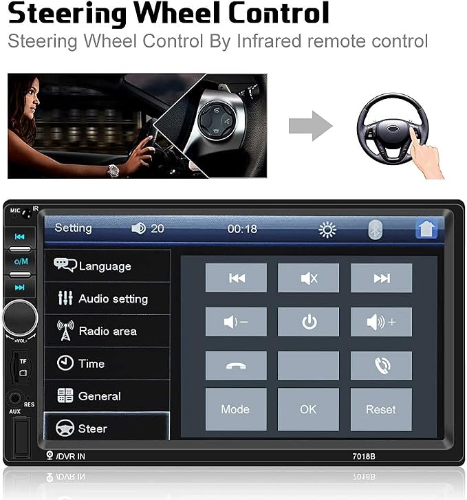 Car Radio Double Din Car Stereo 7" LCD Touch Screen in-Dash Head Unit with Bluetooth Support Mirror Link/DVR/USB/FM/SD/MIC MP5 +Rear View Camera& Remote Control