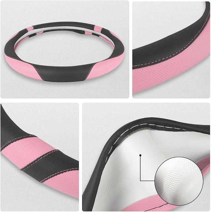 Customized Auto Car Steering Wheel Cover for Toyota Rav4 Corolla Camry Highlander (Black+Pink-Standard Size)