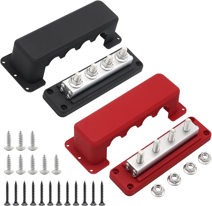 600A Bus Bar 12V Heavy Duty Waterproof Power Distribution Block with 4 x M10(3/8") Terminal Studs Marine Bus Bar with Cover Battery Terminal Block for Car RV Marine Boat - Positive & Negative
