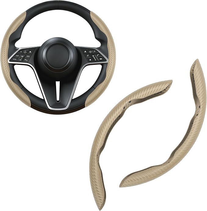 2Pc Carbon Fiber Steering Wheel Cover Universal Fit 99% Cars | Non-slip soft grip, easy to wipe clean, quick to install, perfect for daily commutes and road trips, Beige