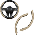 2Pc Carbon Fiber Steering Wheel Cover Universal Fit 99% Cars | Non-slip soft grip, easy to wipe clean, quick to install, perfect for daily commutes and road trips, Beige