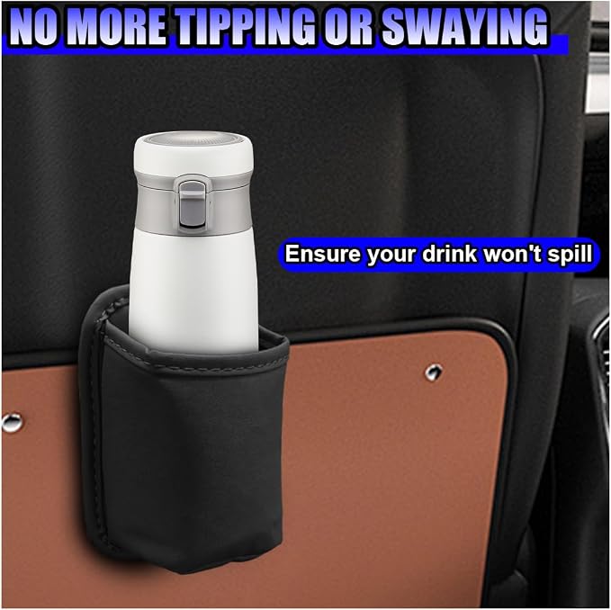 2PCS Large Cup Holder for Car Door - Clip On Vehicle Hanging Water Bottle Drink Holder Car Back Seat Pocket - Scratch-Resistant PU Leather Beverage Storage Organizer for Cars Trucks (Black)