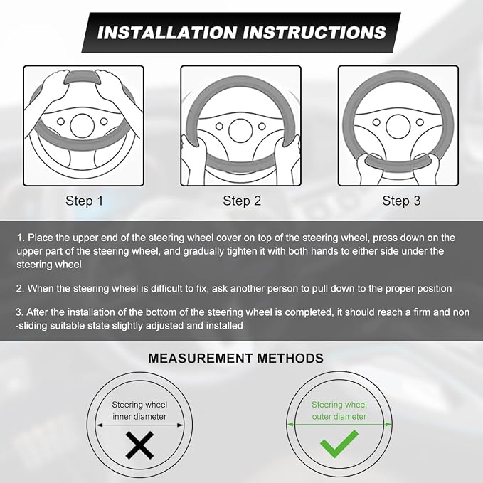 Car Steering Wheel Cover, 15 Inch Premium Leather Breathable Non-Slip Wheels Wrap, Universal Auto Comfortable Steering Wheel Protector for SUV Truck Van, Car Accessories (Black)