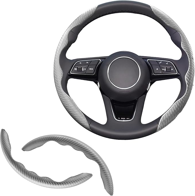 2pcs Universal Fit Carbon Fiber Steering Wheel Cover, Anti-Skid Steering Wheel Cover/Segmented Steering Wheel Protector/Car Interior Accessories (Gray)