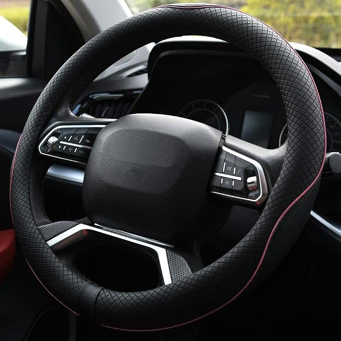 Microfiber Leather Steering Wheel Cover Anti-Slip Matte Finish Auto Car Wheel Cover Universal 15 Inch Wheel Cover for Car Embossing Pattern (Pink Line)