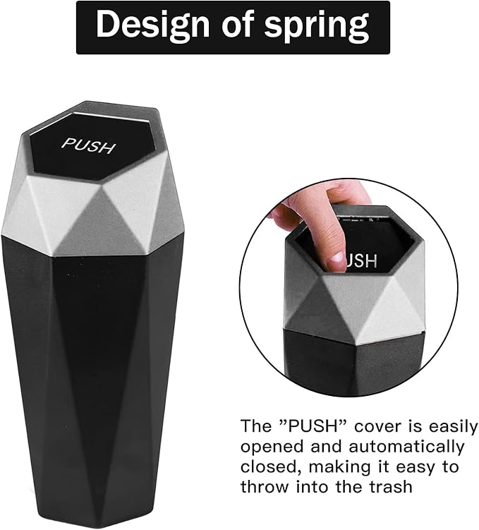 Car Trash Can with Lid, Easy to Clean, Diamond Design Small Automatic Portable Trash Can, Used in Car Home Office Interior Accessories, 2PCS(Silver)