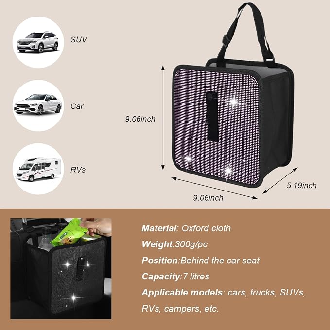 Car Trash Can, Bling Rhinestone Crystal Waterproof Hanging Garbage Bag for Car Interior, Oxford Leakproof Foldable Waste Organizer Trash Bin Universal for Most Vehicles (Light Pink)