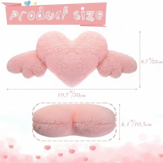 2 Pcs Plush Heart Shaped Pillow with Angel Wings Car Headrest Soft Comfortable Seat Pillow for Driving Travelling Room Office Car Decor, 19.7 x 8.3 Inch(Pink)