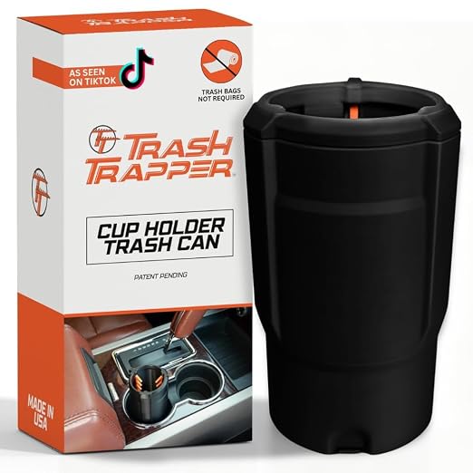 Car Trash Can Cup Holder | Mini Car Trash Can | Fits in Most Doors | 5.1" x 2.9" | Traps More & Empties Less, Patent-Pending Compaction, Holds Weeks of Small Garbage, Black/Orange