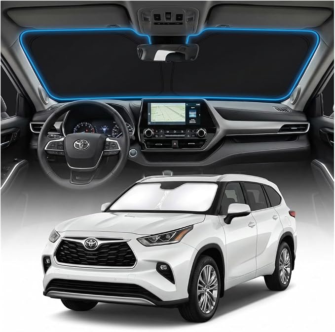 for Toyota Highlander Windshield Sun Shade Cover - Custom Fit Highlander Accessories 2020-2024 2025 2026 Foldable Sunshade UV Protection & Heat Shield Sun Visor Accessories