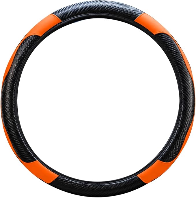 Car Steering Wheel Cover, 15 inch Carbon Fiber Microfiber Anti-Slip Breathable PU Leather Elastic Steering Wheel Protector, Car Interior Accessories for Most Cars (Orange)