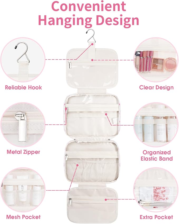 Hanging Toiletry Bag for Women Travel Makeup Bag Organizer Toiletries Bag for Travel Size Essentials Accessories Cosmetics (Bowknot and Flower (Medium))