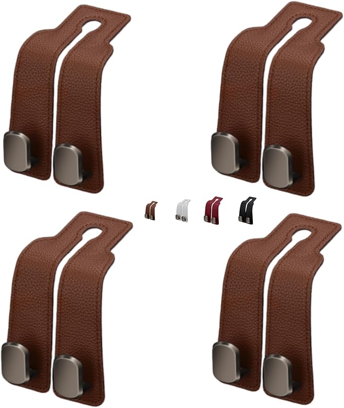 Coozyland Car Hooks, Coozy Land Metal Multi-Function Leather Car Headrest Hooks, Universal Double Hook Car Seat Back Storage Hooks for Wallets, Handbags, Bottles, Trash Bags, etc(Brown 4-Pack)