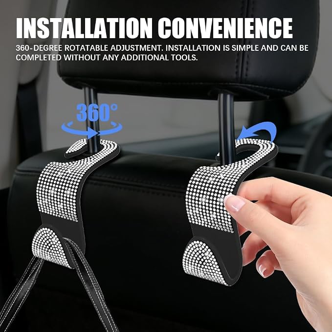 4PCS Bling Car Seat Headrest Hooks, Purse Holder for Car, Vehicle Back Seat Purse Handbag Hanging Holder with Crystal Rhinestone, Diamond Car Rear Seat Organizer for Vehicles (White)