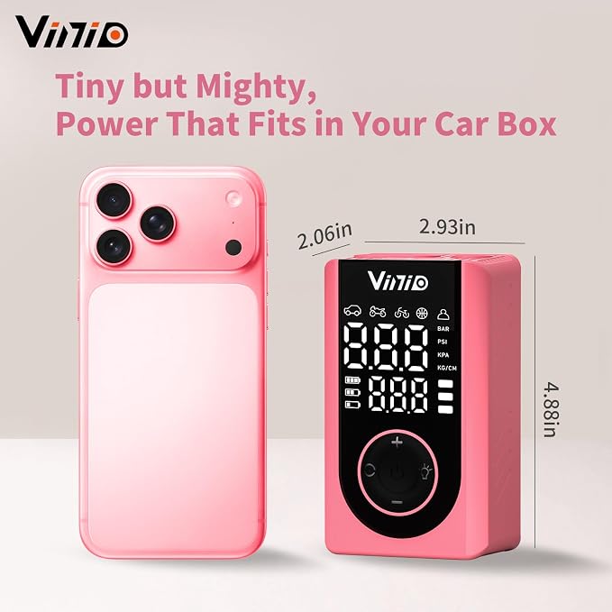 Tire Inflator Portable Air Compressor, LED Display & Auto Shut-Off, 5 Modes, 150PSI Cordless Air Pump with Digital Pressure Gauge for Car, Balls, Bike, Motorcycle, Pink Car Accessories for Women