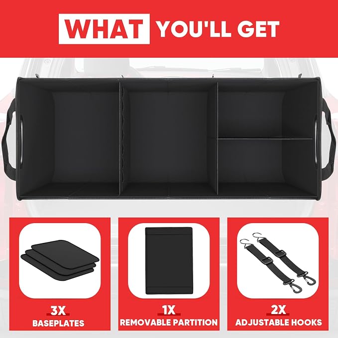Large Trunk Organizer for Car, Foldable Multi Compartment Car Trunk Organizer with 2 Retractable Straps, Suitable for All Kinds of Cars, SUV, Minivan - 4 Compartments Red