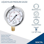 0-600 Psi Glycerin Liquid Filled Pressure Gauge, 2.5" Dial Size, 1/4" NPT Lower Mount, Stainless Steel Case, for Air Gas Water Oil Hydraulic Pressure Test