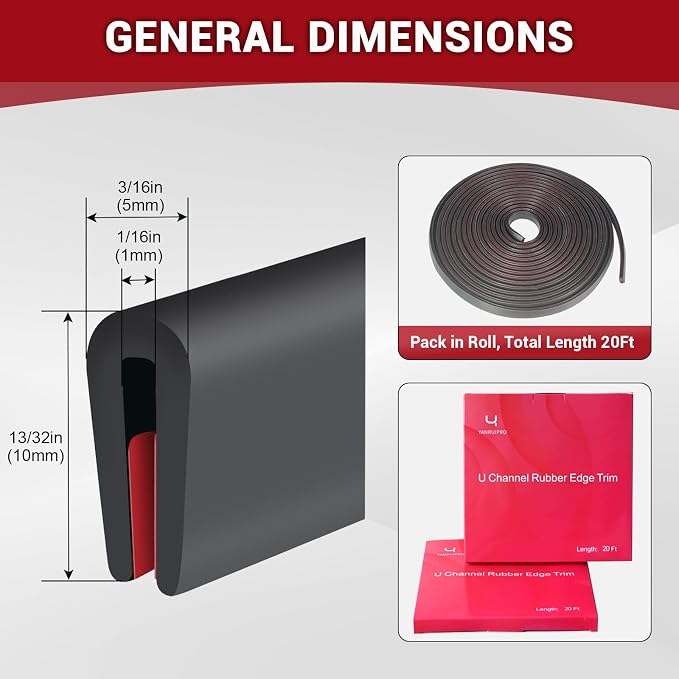 Rubber Edge Trim, 1/16" Self Adhesive Flexible U Channel Edge Protecter for Sheet Metal, Car Doors, U Shaped Sharp Edge Protecter, Fit for 0-5/64" Thick Edge, Black Color, 20Ft, EPDM Material