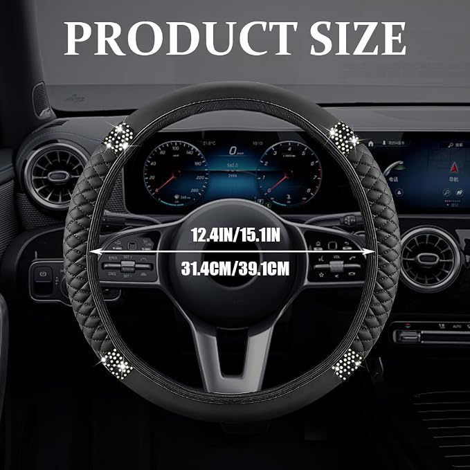 Bling Soft Leather Steering Wheel Cover, Steering Wheel Protector, 15 Inch Rhinestones Car Elastic Protector with Crystal Diamond for Women Girls, Car Accessory for Vehicles (Black)