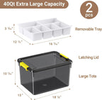 80Qt Large Stackable Storage Bins with Lids & Trays, Clear Plastic Latching Boxes Organizers with Dividers Portable Containers for Arts & Crafts,Home & Car Trunk Organization,Clear Grey,2Pack