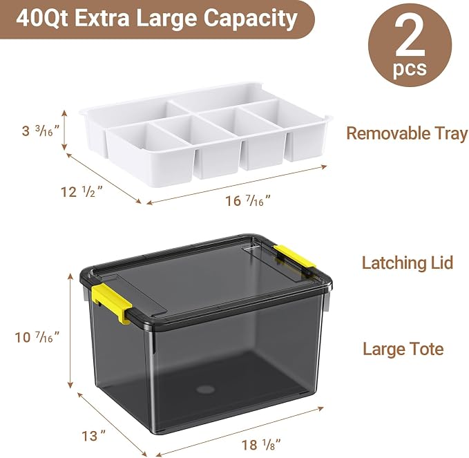 80Qt Large Stackable Storage Bins with Lids & Trays, Clear Plastic Latching Boxes Organizers with Dividers Portable Containers for Arts & Crafts,Home & Car Trunk Organization,Clear Grey,2Pack
