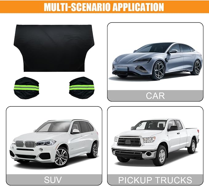 82"×49" Car Windshield Cover for Ice and Snow, All-Seasons Windshield Sunshade with Anti-Theft Straps and Side Mirror Covers, Waterproof Windproof Car Frost Protector, Portable Winter Car Accessories