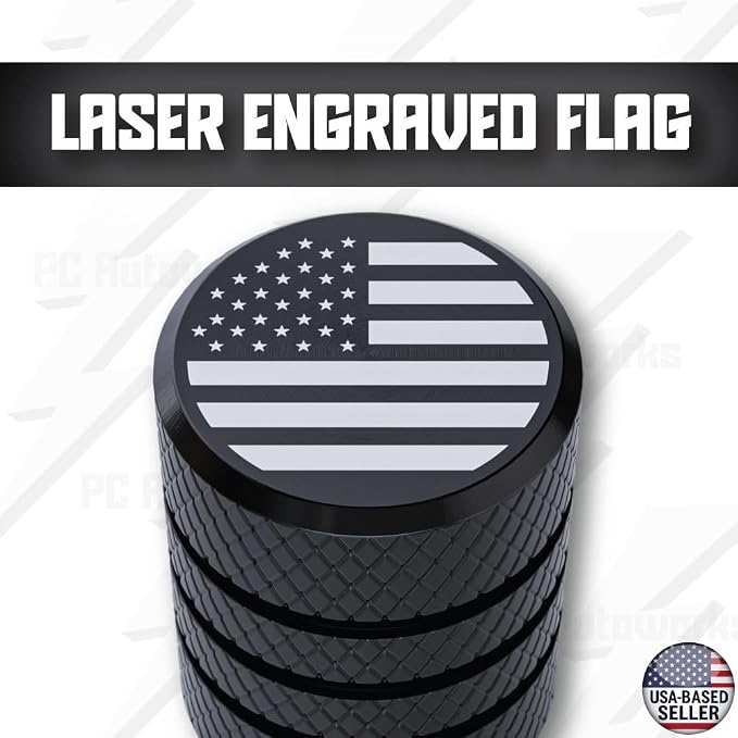 American Flag Valve Stem Caps – Onyx Black, Anti-Rust Anodized Aluminum, Universal Fit for Car, Truck, SUV, Bike – Set of 4 (Onyx Black)