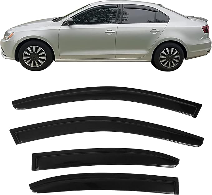 Fit 2011-2018 Volkswagen Jetta Slim Style Acrylic Window Visors Rain Guard |, Dark Smoke, Car Rain Sun Window Shade Guard Visor, 2012 2013 2014 2015 2016 2017, Car Wash Safe, Waterproof