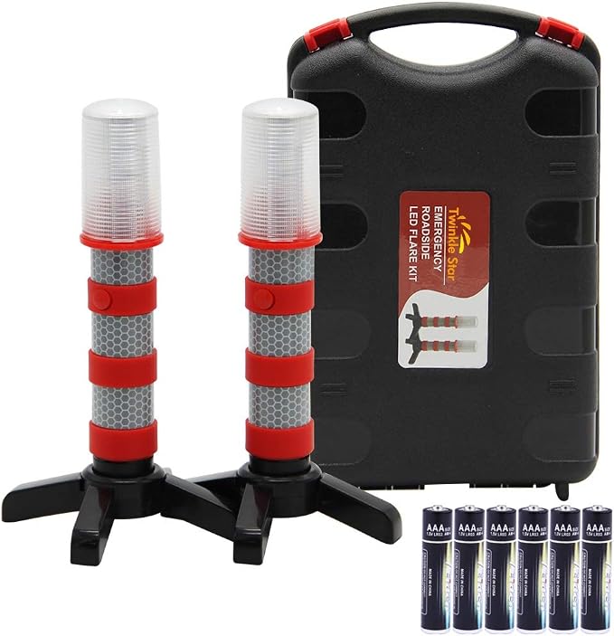 LED Safety Strobe Road Warning Light, Set of 2 | Emergency Roadside Flares Kit, Highway Beacon Alert Flare, Magnetic Base, Detachable Stand, Solid Storage Case