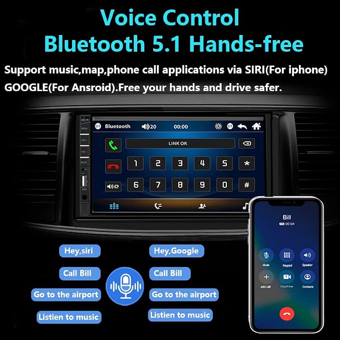 Double Din Car Stereo Compatible with Apple Carplay and Android Auto, 7 inch HD Touchscreen Car Radio Car Audio Receivers, Bluetooth, Backup Camera, Mirror Link, USB/AUX/TF/Subwoofer, FM Radio