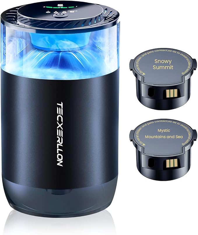 Smart Car Air Freshener Diffuser with Ambient Light, Oil Level Indicator, 2 Scent Refills, Auto On/Off, 4 Mist Modes, 1600 Sprays Rechargeable Aroma Diffuser for Car, Home, Office, Bedroom