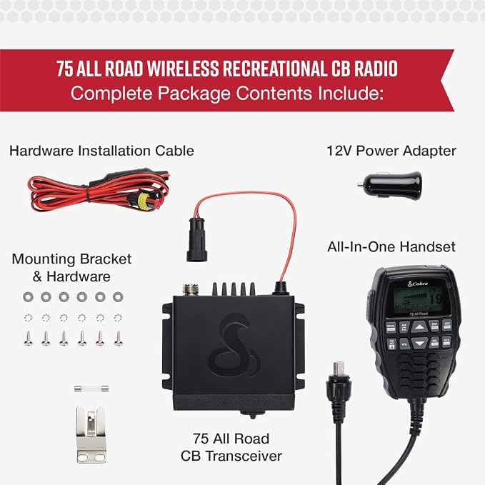 Cobra 75 All Road Wireless CB Radio - Dual-Mode AM/FM, Full 40 Channels, Bluetooth Connectivity, Digital Noise Cancellation, Waterproof, Instant Channel 9, 4-Watt Output, Easy to Operate, Black