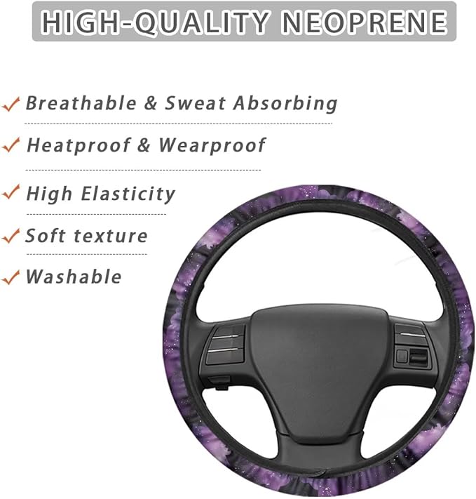Car Steering Wheel Cover Soft Stretch Auto Steering Wrap Protector for Women Men, Universal Halloween Auto Accessories Fit Most Vehicles, Bat Purple Tie-dye