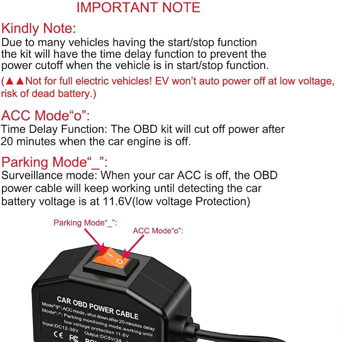 Dash Cam OBD Hardwire Kit, USB Type C Hardwire Kit with OBD Power Cable for Dashcam 12-24V to 5V/3A with Low Voltage Protection 24h Parking Surveillance/Acc Mode for Dashcam, GPS or Radar