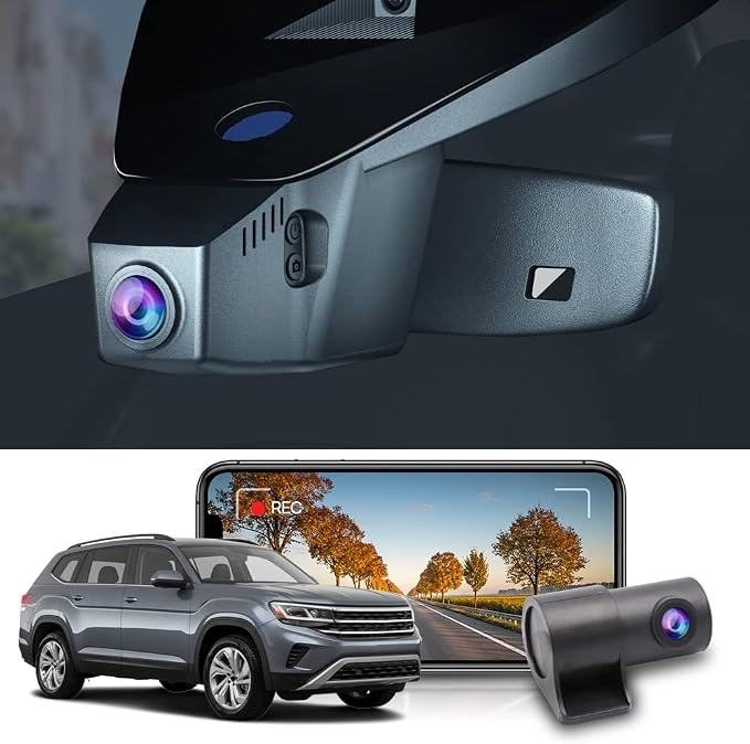 Front 4K+Rear 1080P Dash Cam Adapts for Volkswagen Atlas 2018-2026 (Model B/Broad Rear Cover) & Cross Sport 2020-2026, OEM Look, Dual HD Video, WiFi & APP, Loop Recording, Parking Mode, 128GB