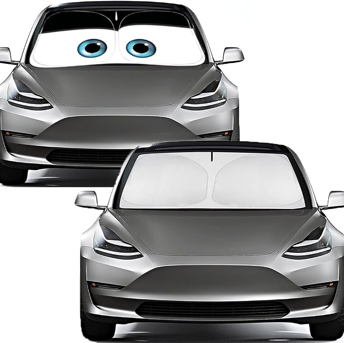 Windshield Sun Shade for 2017-2026 Tesla Model Y/Model 3 Sunshade Accessories Foldable Sunshade (Fit 2025-2026 Model Y Juniper / 2024 Model 3 Highland) Blocks UV Rays Keep Car Cool (Black Eyes)