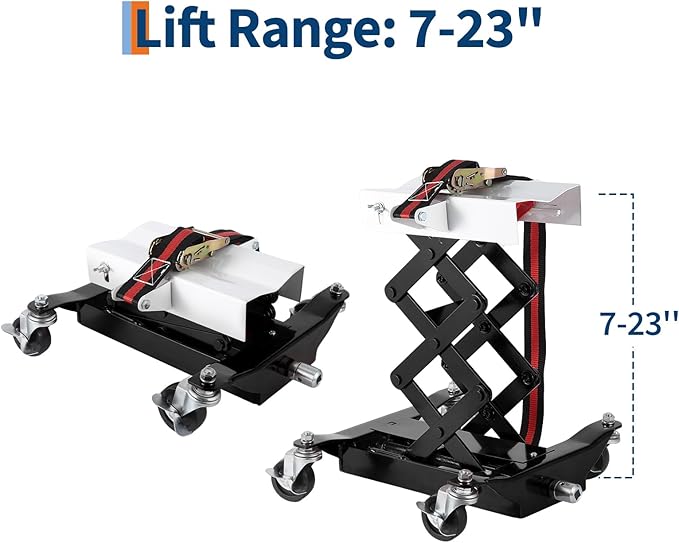 Transmission Jack 450 LBS Capacity: Low Profile Lift with 2M Safety Straps & 4 Brake Wheels, 7-23 Inch Range for Car & Truck Repair (Black)