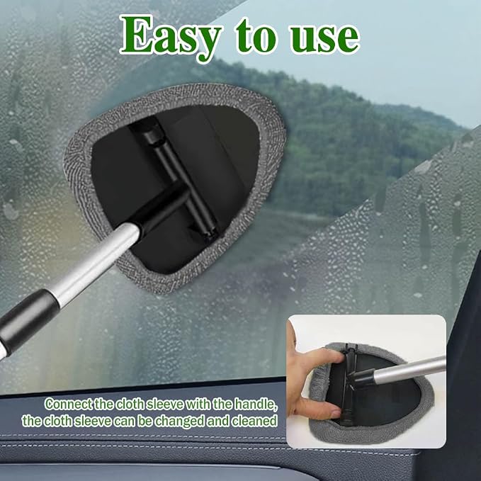 Windshield Cleaning Tool, Car Window Cleaner with Extendable Long Handle and 4 Washable Reusable Microfiber Pads, Auto Interior Exterior Auto Glass Wiper for Windshield, Universal for Most Cars (Grey)