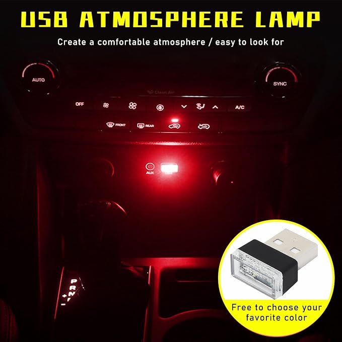 4 PCS USB LED Car Interior Atmosphere Lamp, Plug-in USB Decor Night Light, Portable Auto Ambient Lighting Kit, Universal Vehicle Interior Accessories for Most Cars (2 Red+2 Ice Blue)