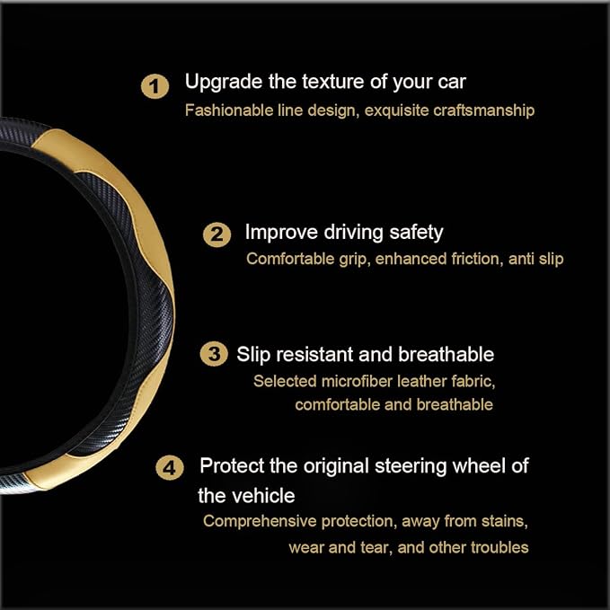 Ultra Fine Carbon Fiber Leather Steering Wheel Cover, Anti Slip and Sun Protective Protect The Steering Wheel, Easy to Install,Universal of 14.5"-15" (Beige)