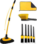 Car Wash Kit, Extendable Car Wash Brush Mop with Long Handle, 5pcs Detailing Brush, 1pc Wheel Brush and Microfiber Towel Car Cleaning Kit Supplies Accessories, Ginger