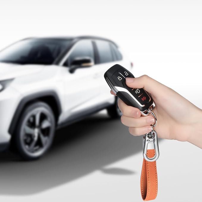 Genuine Leather Car Keychain,Universal Heavy Duty Metal Key Chain Accessories,Car Fob Key Keychain Holder with 360 Degree Rotatable Snap Swivel and Anti-Lost D-Ring for Men Women(Orange)