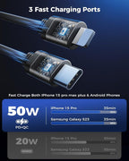 3-in-1 Car Charger with Retractable Cords, USB C Charger Car Adapter Compatible with iPhone 17/16/15/14/13/12 Pro Max Samsung Android Phones