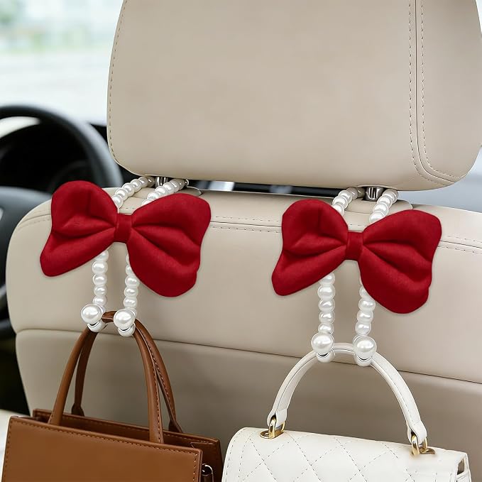 2PCS Bow Pearl Car Seat Headrest Hook, Cute Vehicle Seat Hangers Storage Organizer for Handbag Purse Coat, Auto Interior Headrest Decorative Hook, Universal for SUV RV Truck (Red)