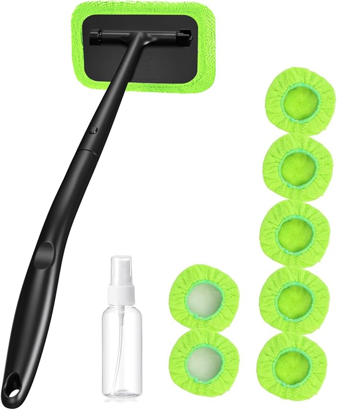 XINDELL Glass Cleaning Combo – 22" Portable Window Cleaner Tool with Ergonomic Handle & Microfiber Pad + 5-Pack Replacement Square Pads for Car Interior/Exterior Glass & Home Windows, Streak-Free Clea