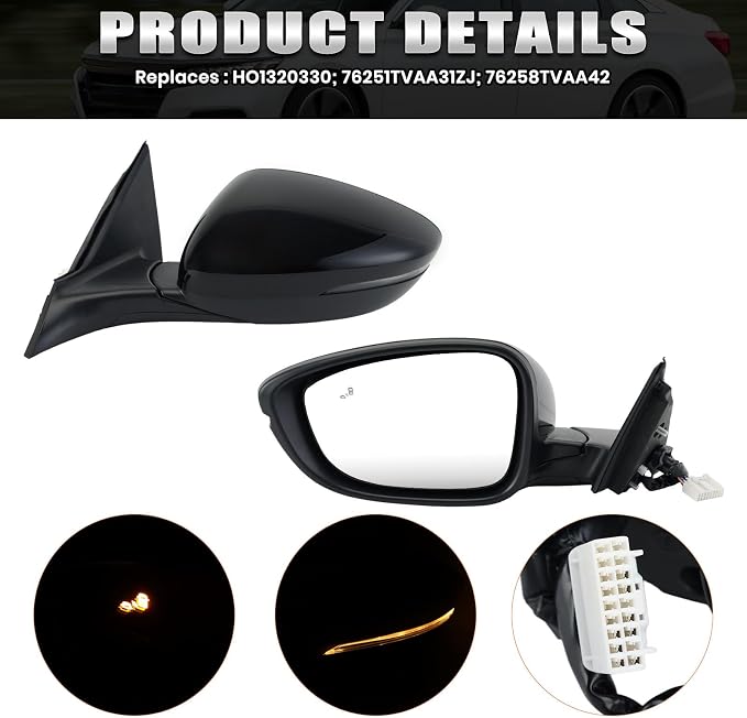 Left Driver Side Mirror Compatible with 2018-2022 Honda Accord Power Glass | Heated | with Blind Spot |with Turn Signal | Manual Folding Repalces HO1320330 (8Pins-Black)