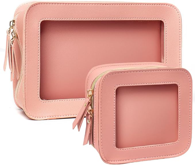 2 Pcs Clear Makup Bag Set, Clear Cosmetic Bags with Zipper Waterproof Small Travel Cosmetic Case Cute Make Up Pouch Mini Car Essentials for Women Travel Car Organizer