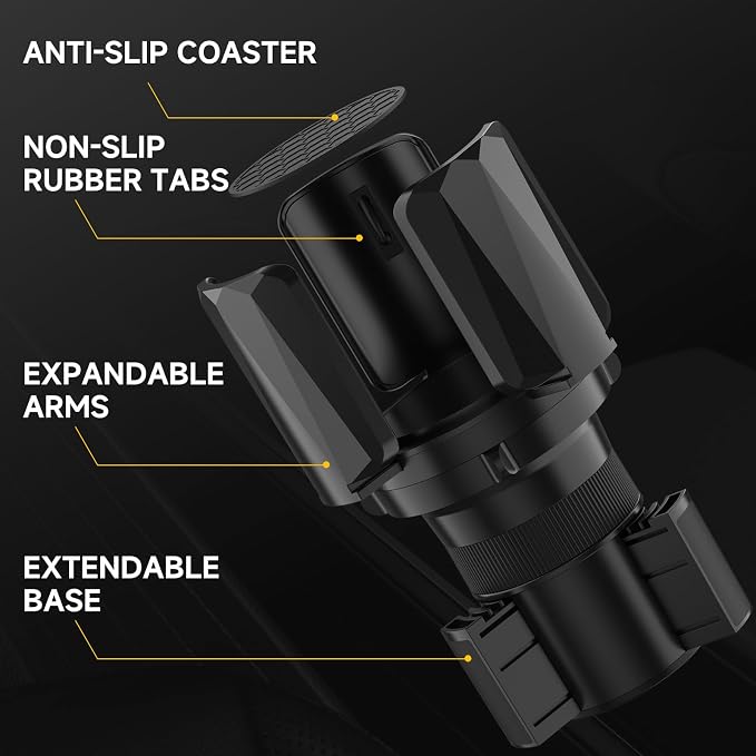 Large Cup Holder Expander with Expandable Arms, Fits 2.5-5.9" Bottles | Cup Holder Adapter Fits Owala/YETI/Hydro Flask/Stanley 12–64 oz; Most Large Bottles; Compatible with Round Cup Holders