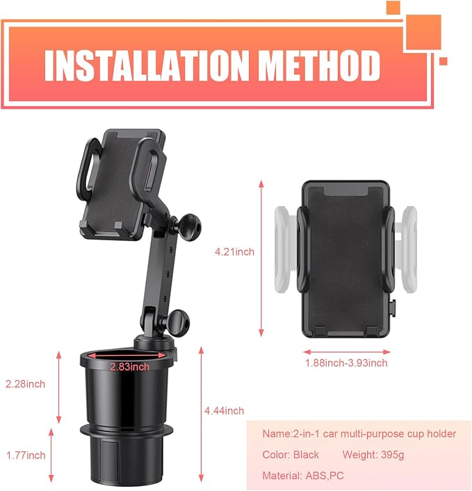Car Cup Holder Mobile Phone Rack, Multi-Function 2 in 1 Cup Holder Expander, 360 Degrees Rotatable Automotive Phones Mount, Universal for Most Cars, Trucks, SUVs (Black)