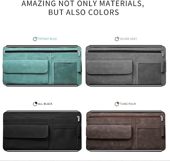 Car Sun Visor Organizer - Glasses Case, Note Holder, Suede Zipper, Card Holder - Gray